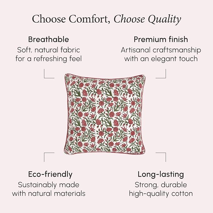 CPC 100% Cotton Throw Pillow Covers 20x20 Inch, Set of 2 Red Block Print Pattern Couch Pillow, Cute Boho Decorative Pillows for Living Room, Bedroom with Hidden Zipper- Red Garnet