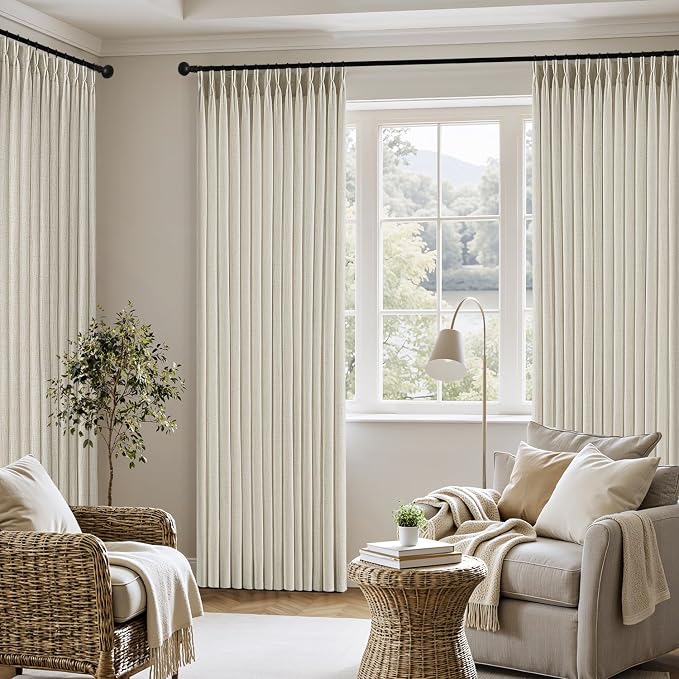 MIULEE Pinch Pleated Thick Linen Curtains 102 Inch 4 Panels Set Back Tab Memory Trained Pinch Pleat Semi Sheer Light Filtering Privacy Curtain Let Light in Window Drape for Living Room Bedroom Cream