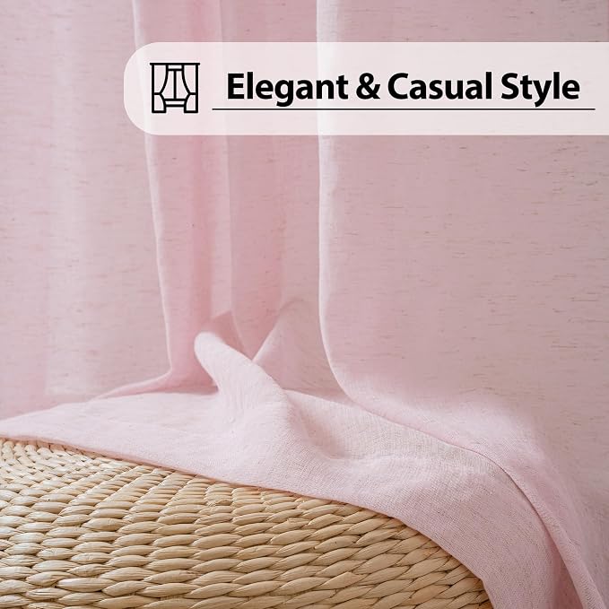 FMFUNCTEX Pink Flax Linen Sheer Curtains 96 Inch Long Rod Pocket 2 Panels | Semi Sheer Window Drapes Pink for Bedroom and Living Room, Farmhouse French Window Curtain Privacy