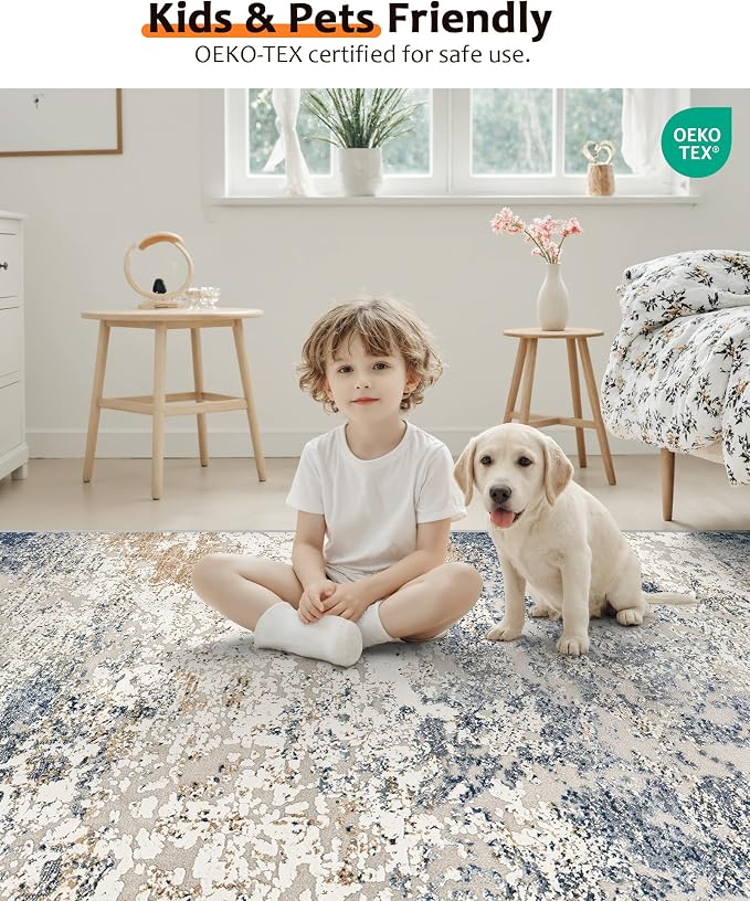 Art&Tuft Washable Rugs 3x5, Anti-Slip Backing Abstract 3x5 Area Rug, Stain Resistant Rugs for Living Room, Foldable Machine Washable Area Rug (3'x5', Blue)