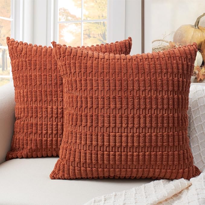 Softalker Corduroy Throw Pillow Covers 22x22 Set of 2, Soft Plush Decorative Square Cushion Cases for Living Room Couch Sofa, Modern Farmhouse Boho Home Decor, Orange
