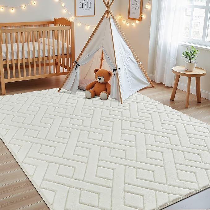 Macgace Ultra Soft Cream White Area Rug for Living Room, 6x9 Modern Geometric Shag Rugs with Nonslip Backing for Bedroom, Washable Fuzzy Carpet for Cozy Kids Girls Room