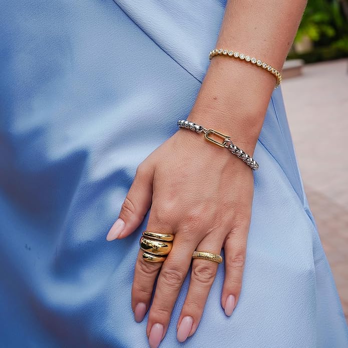 CIUNOFOR Chunky Statement Rings for Women, 14K Gold Plated Stainless Steel Dome Ring, Wide Band Retro Dome Jewelry Gift, Non-Tarnish Adjustable Fashion Ring, Fit Size 6 to 10