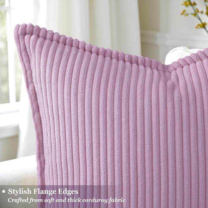 decorUhome Fall Corduroy Lilac Throw Pillow Covers 16x16 Set of 2 | Couch Decorative Soft Modern Boho Farmhouse Pillow Covers Broadside Striped Pillow Cases for Living Room Bed Sofa