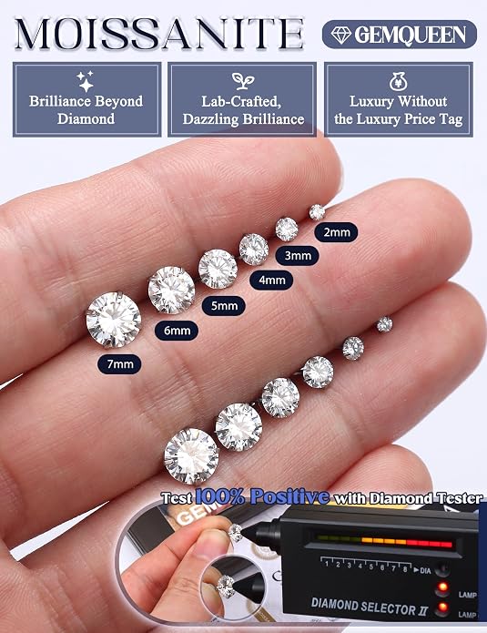 GEMQUEEN 6 Pairs 2-7mm Moissanite Earrings Studs 14K Gold Plated Stainless Steel Flat Back Earring for Women Men - Hypoallergenic Cartilage Helix Piercing Jewelry Brilliant Round Cut D Color VVS1 5.97CT