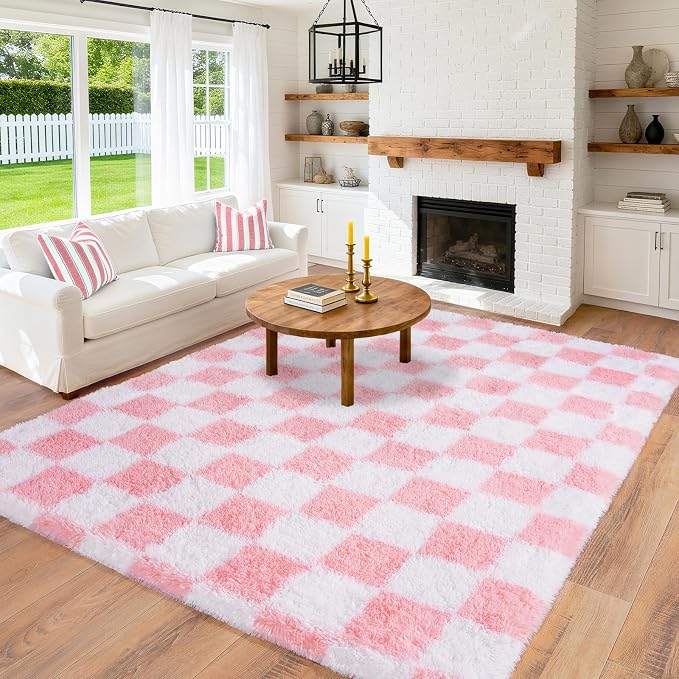 Pionblank Fluffy Area Rug for Bedroom 5x7, Modern Indoor Shag Carpet, Soft Plush Non Slip Checkered Rugs for Living Room Kids Room Home Decor, Pink and White