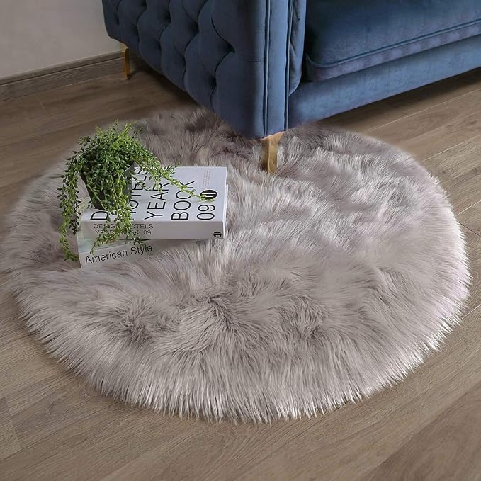 Ashler Faux Fur Rug, Fluffy Shaggy Area Rug Ultra Soft 3 x 3 Feet Round Fur, Grey Fuzzy Rug Machine Washable Shag Rug, Nursery Decor Throw Rugs for Bedroom, Kids Room, Living Room