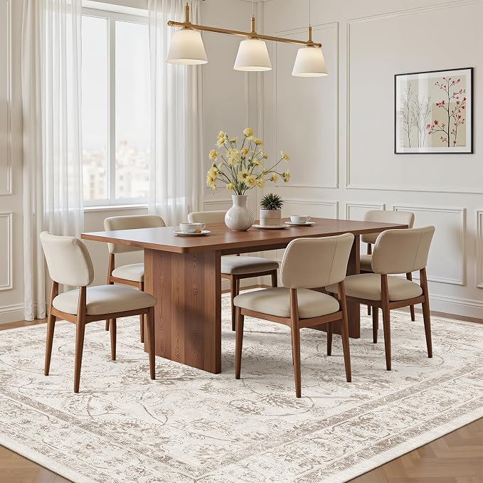 Madane Washable 7x9 Area Rugs for Living Room, Vintage Natural Rug with Non-Slip Backing, Soft Stain Resistant Throw Rugs Thin Carpet for Bedroom Dining Room Farmhouse (7 x 9, Brown/Ivory)
