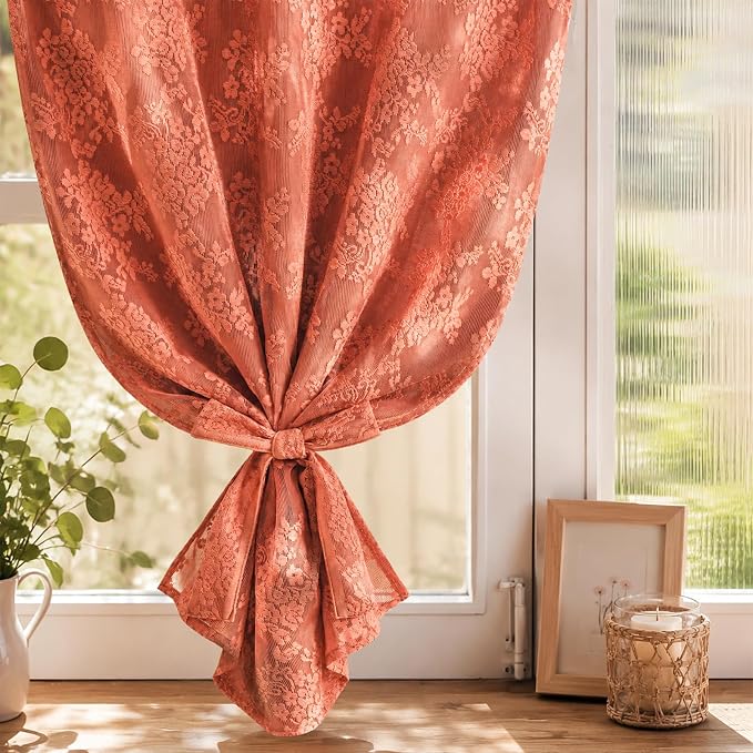 Yinhua Terracotta Kitchen Curtains 36 Inch Length Double Layer Curtain Farmhouse Blackout Curtains for Kitchen Rod Pocket Short Curtain for Windows, Bathroom, Living Room, 2 Panels