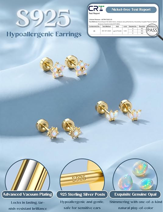ORAZIO 925 Sterling Silver Flat Back Stud Earrings for Women Hypoallergenic 14K Gold Plated Cartilage Earrings for Sensitive Ears Small CZ Opal Conch Helix Tragus Piercing Jewelry 3 Pairs 20G