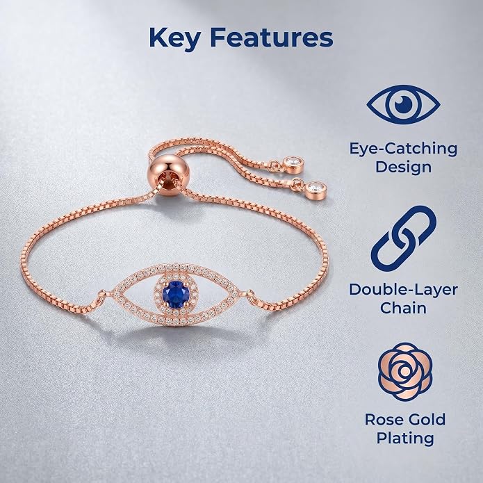 Rose Gold Evil Eye Zircon Double Layer Adjustable Bracelet for Women Dainty Sparkly Layering Jewelry for Daily Wear Party Gift