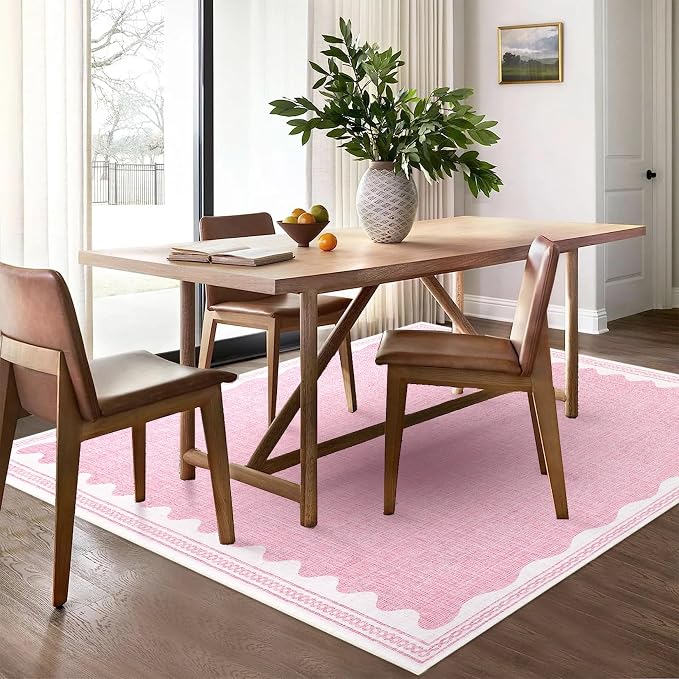 6x9 Scalloped Area Rugs Pink Washable Living Room Bedroom Rug | Solid Tan Rug for Bedroom Girls, Non Slip Throw Carpet With Rubber Back, Soft Dorm Nursery Scalloped Rugs for Dining Room