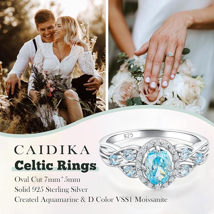 925 Sterling Silver Celtic Knot Engagement Ring for Women Moissanite/Cubic Zirconia Inlaid Oval Shaped Birthstone Rings Cocktail Wedding Birthday Jewelry(with Box)