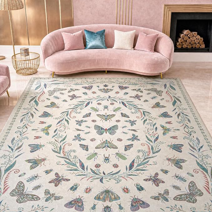 Lunasun Large Sage Green Rug for Living Room - Area Rugs 9x12 Dining Room Table, Large Bedroom Under Bed, Unique Insect Bug Home Décor, Foldable Soft Stain Resistant