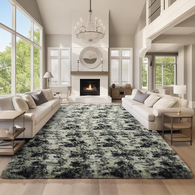 Ophanie 9x12 Black Gold and Grey Area Rugs for Living Room,Large Dark Black Gold Fluffy Shag Fuzzy Plush Soft Carpets,Floor Shaggy Rugs for Bedroom,Carpet for Boys Decor with Over 99 pcs Pile fibers