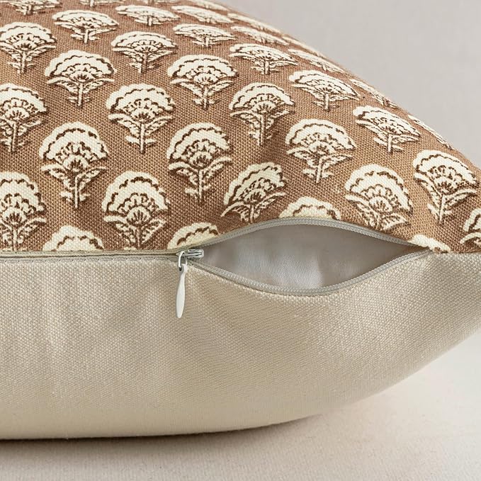 MIULEE Set of 2 Decorative Floral Pillow Covers Neutral Vintage Throw Pillows Block Print Boho Farmhouse Cushion Covers for Modern Spring Home Decor Couch Sofa Bed Living Room, 20x20 Inch, Cognac