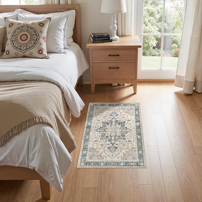 Tortania Area Rug 2x3 Doormat - Washable Vintage Oriental Farmhouse Soft Thin Indoor Carpet for Living Room Bedroom Hallway Entryway Kitchen - TealTaupe