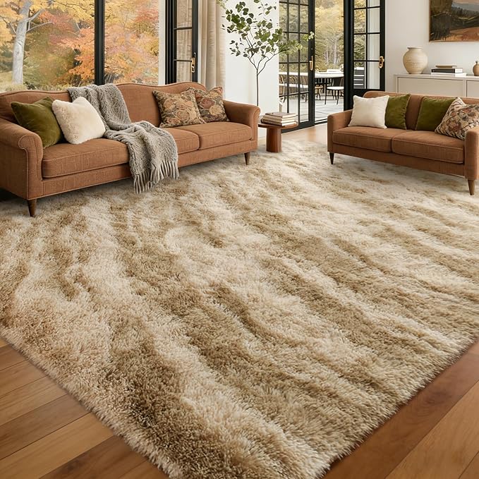 Large Shaggy 6x9 Area Rugs for Living Room Decor, Non-Slip Tie-Dyed Rugs for Bedroom Kids Playroom Dorm Room, High Pile Ultra Soft Carpet, Khaki