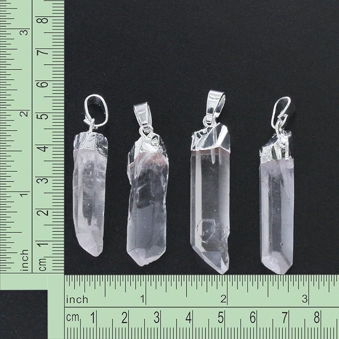 Wholesale 4 PCS Raw Clear Quartz Crystal Charm Natural Stone Pendant Chakra Healing Point Reiki Charm Bulk for Jewelry Making (Silver)