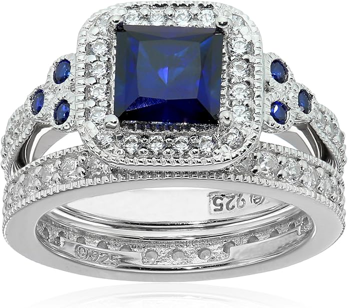 Amazon Essentials Platinum or Gold Plated Sterling Silver Antique Ring set with Asscher-Cut Infinite Elements Cubic Zirconia