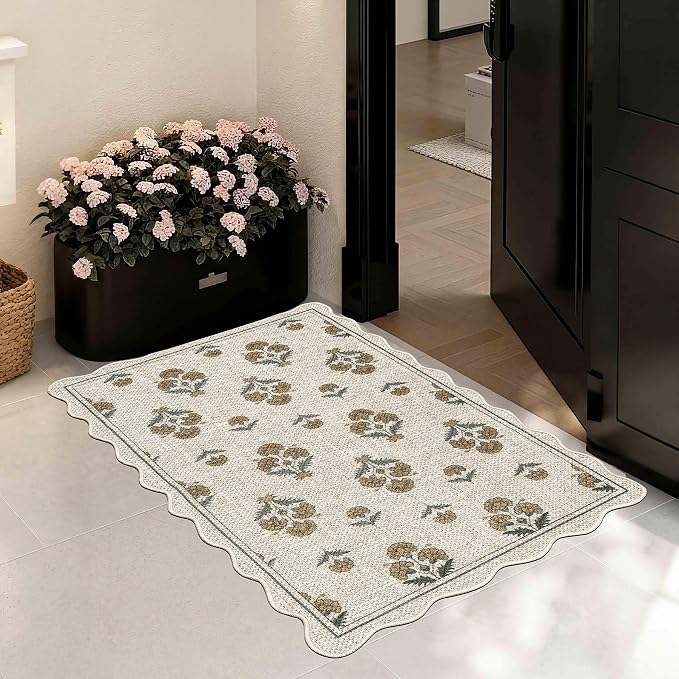 ORTIGIA Scalloped Easy Jute 2x3 Area Rug Vintage Yellow Block Floral Farmhouse Washable Rug Non-Slip Indoor Outdoor Carpet for Living Room Bedroom Kitchen Patio Entryway