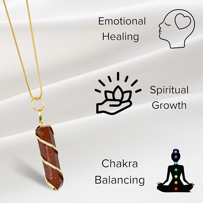 Amazing Gemstone Red Jasper Crystal Necklace Pendant For Women, Gold Wire Wrapped Dainty Minimalist Healing Crystal Necklaces For Men Unisex Necklace Jewelry Adjustable Chain & Leather Cord