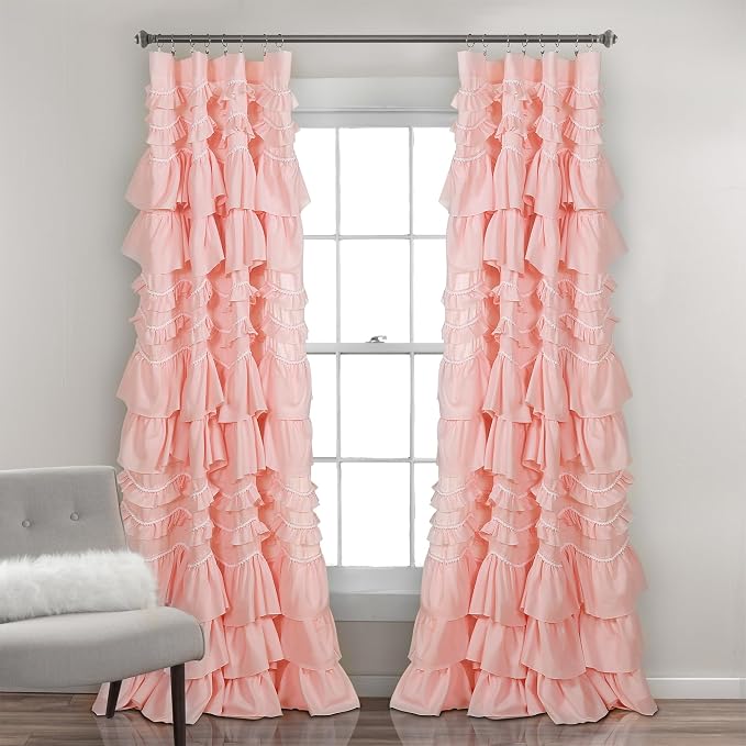 Lush Decor Kemmy Light Filtering Window Curtain Panel Single 52" W x 95" L Peachy Pink - Drapes - Ruffled Curtains for Bedroom - Pink Curtains - Coquette Decor