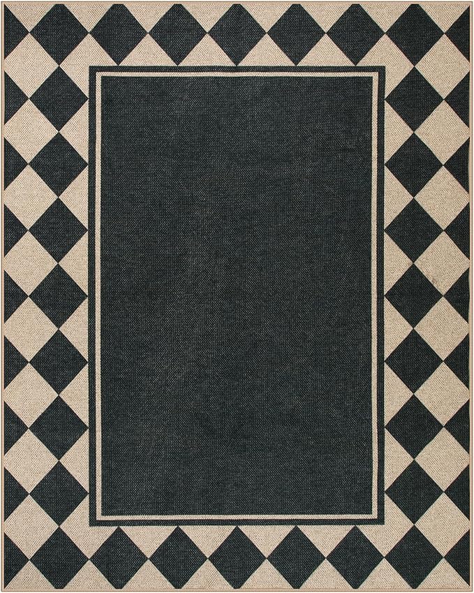 Moynesa Easy Jute Outdoor Rug 8x10 Area Rugs for Living Room, Washable Checkered Indoor Outdoor Patio Rug Non Slip, Farmhouse Carpet for Bedroom Dining Room Table, Black Grid Pattern