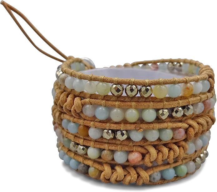 MGR MY GEMS ROCK! 35-Inch Long Multi-Layer Hand Crafted Gemstone and Crystal Multi-Stone Beaded on Genuine Leather Boho Style Stackable Super Wrap Bracelet, up to 5 Wraps.