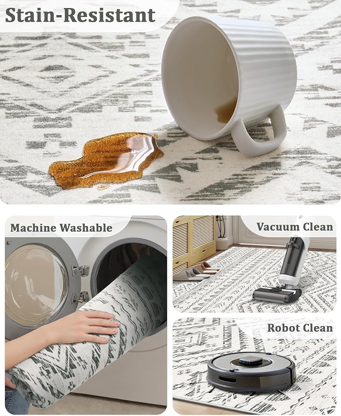 Miukiki 2x5 Hallway Runner Rug Moroccan Washable Kitchen Rug Non Slip Indoor Floor Kitchen Runner Rug Foldable Carpet for Bathroom Laundry Room with Low Pile(Grey,2'x5')