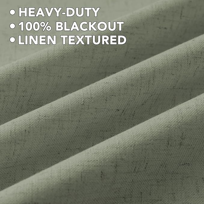 H.VERSAILTEX Linen Curtains 100% Blackout Curtains for Bedroom 120 inch Long Full Light Blocking Nature Linen Blended Window Curtains for Living Room Nickel Grommet (2 Panels, Heathered Dried Sage)