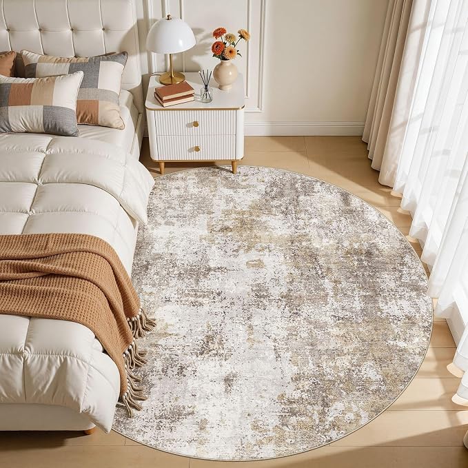 6Ft Round Area Rug for Living Room, 6x6 Washable Rugs Non-Slip Soft Large Modern Abstract Pattern Low Pile Carpet for Bedroom Indoor Floor Nursery Home Decor - Gold Brown
