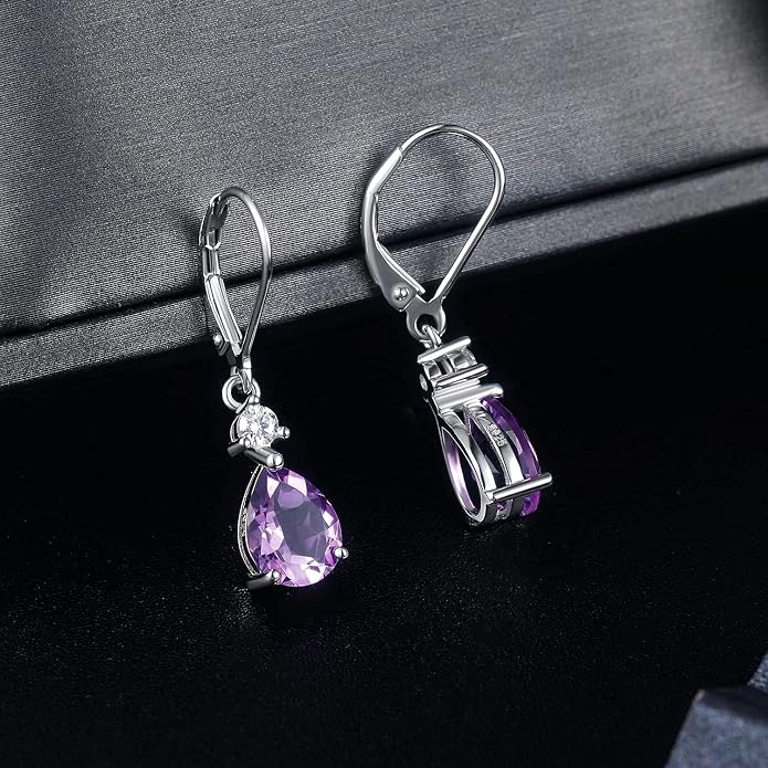 925 Sterling Silver Blue Topaz/Amethyst/Rainbow Quartz CZ Teardrop Leverback Earrings Drop Dangly Gemstone Earings Hypoallergenic Birthday Jewelry Gifts for Women
