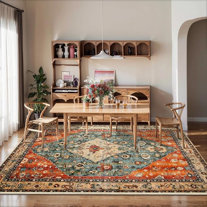 SERISSA 5x7 Boho Tribal Area Rug, Washable Large Rugs for Living Room, Ultra Soft Non-Slip Bedroom Rug Print Distressed Vintage Farmhouse Carpet Rug for Dining Room Dorm Office Home Decor