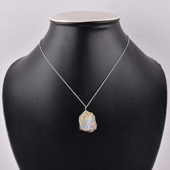 Ultra Fire Raw Ethiopian Opal Rough Dainty Pendant Necklace For Women, Healing Chakra Crystals, Handmade October Birthstone Jewelry, 925 Silver Chain 18 inch, Wedding Gift