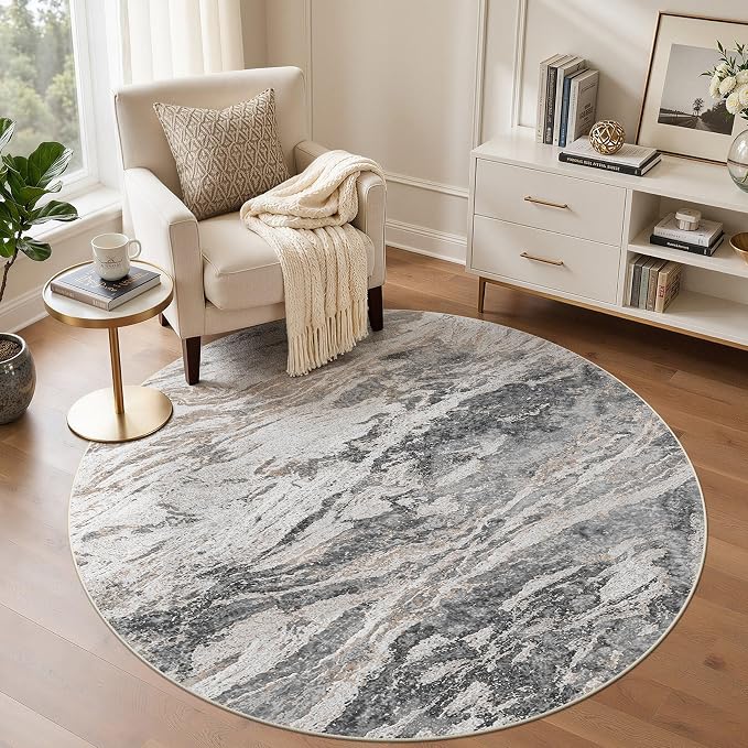 Area Rugs for Living Room: 5ft Round Abstract Washable Rug Modern Neutral Large Soft Stain Resistant Non-Slip for Bedroom Dining Room Indoor Home Office Carpet - Tapue