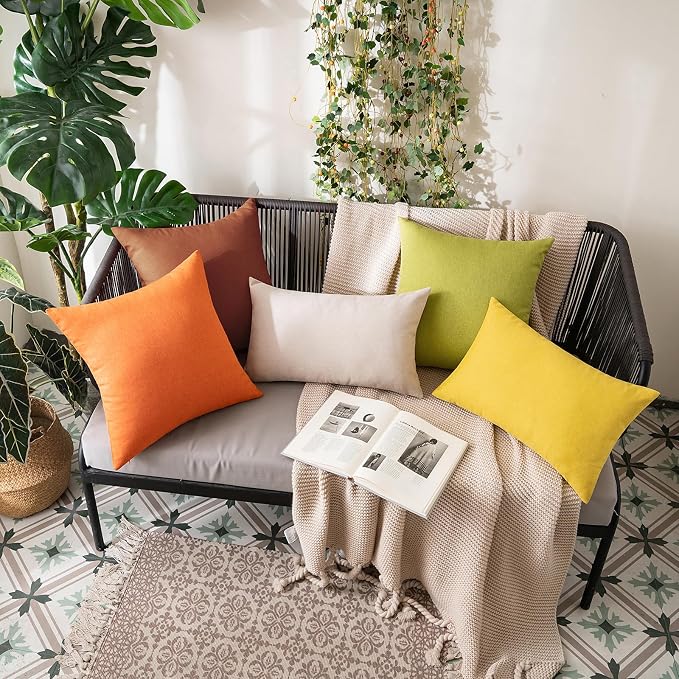 MIULEE Pack of 2 Decorative Outdoor Solid Waterproof Throw Pillow Covers Faux Linen Garden Farmhouse Cushion Cases for Summer Patio Tent Balcony Couch Sofa 12x12 Inch Bright Orange