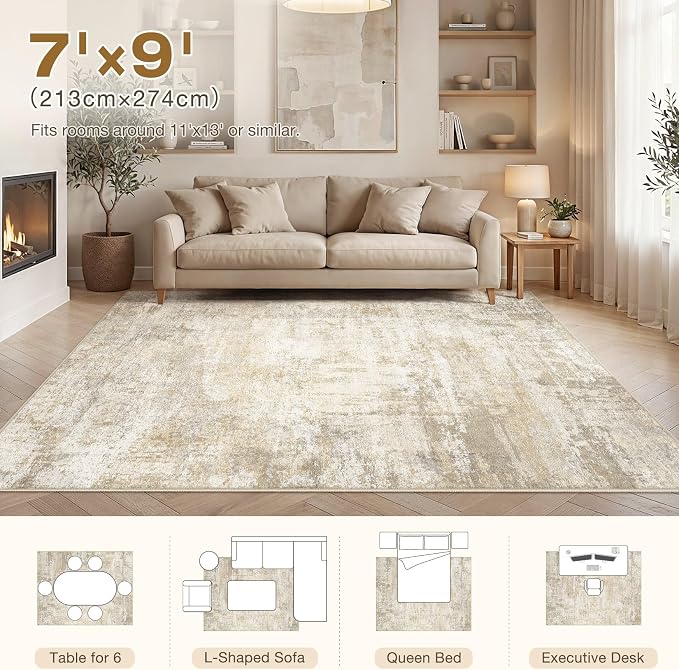 cotiled 7x9 Area Rug Abstract Soft Non Slip Washable Rugs for Living Room | Stain Resistant, Robot Vacuum & Pet Friendly, Low-pile, For Living Room, Bedroom, Dining Table, Nursery Beige