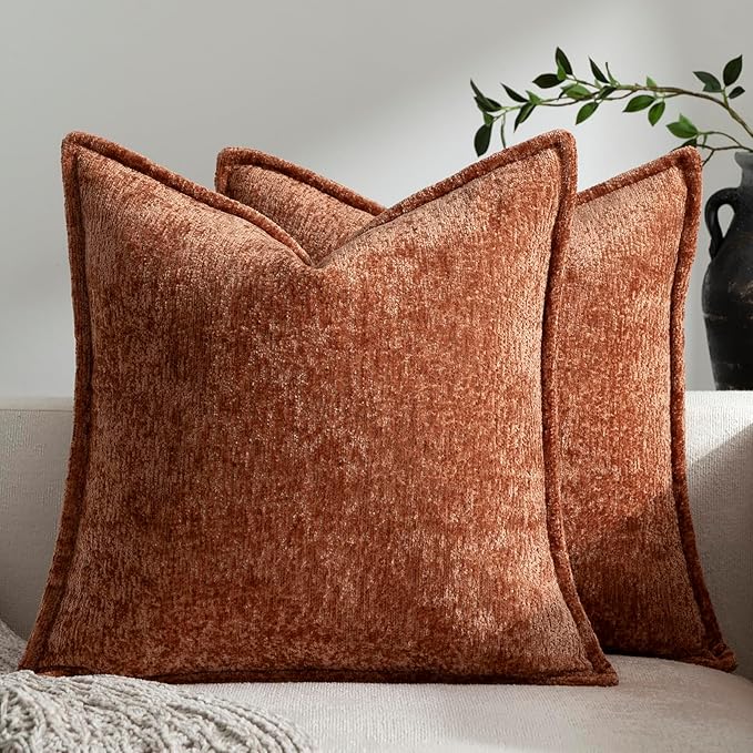 DEZENE Pack of 2 Burnt Orange Fall Euro Shams Pillow Covers 26x26 Cozy Soft Chenille Decorative Throw Pillow Covers Accent Vintage Square Couch Pillow Covers for Home Decor Bed Sofa Living Room