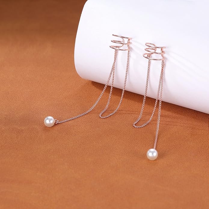 SLUYNZ 925 Sterling Silver No Piercing Cuff Earrings Chain for Women Wrap Earrings Pearl Tassel Clip On Ear