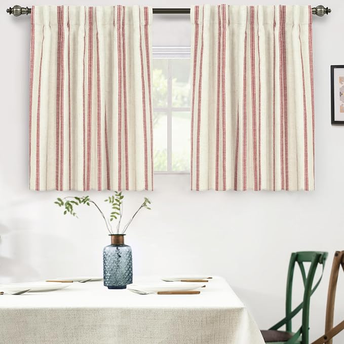 DriftAway Farmhouse Stripe Blackout Curtains, W52xL36, Red | Blackout, Linen Texture, Stripe Pattern, Rod Pocket & Back Tab, Two Layers, Bedroom Living Room Use, Sound Reducing Design