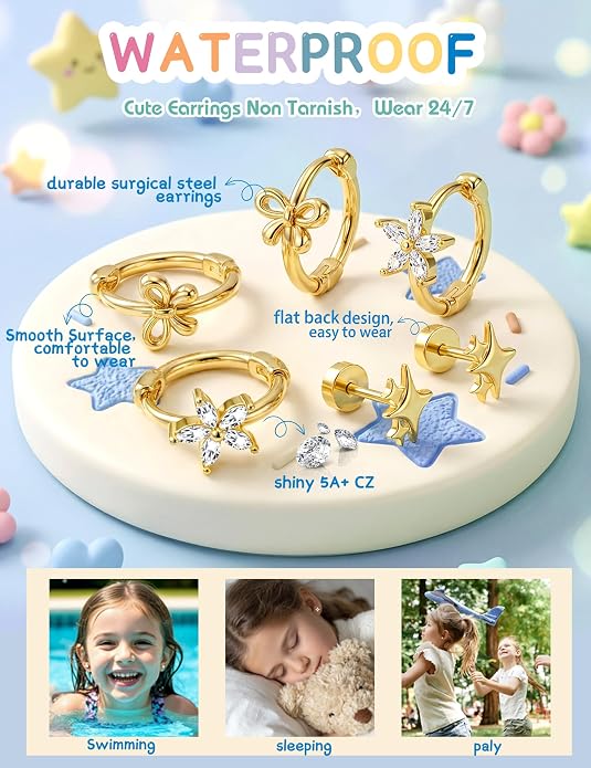 SAILIMUE Hypoallergenic Flat Back Earrings for Girls Women - Cute Toddler Kids Earrings Set Surgical Stainless Steel Earring for Sensitive Ears Small 14K Gold Plated Stud Hoop Earring Stacks
