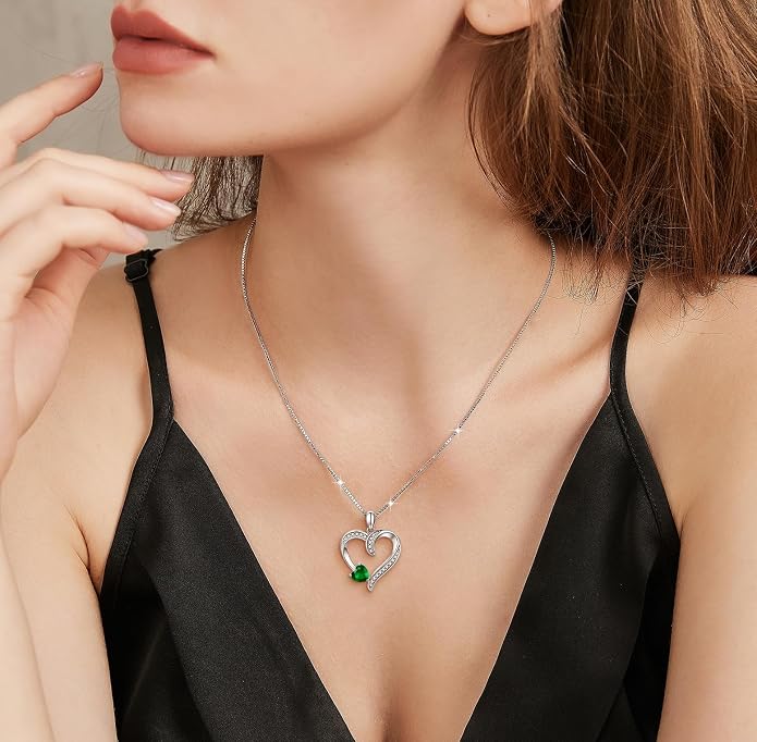 Love Heart Necklace for Women, 925 Sterling Silver Cubic Zirconia Birthstone Heart Pendant Jewelry Gift for Mom, Mother, Wife, Girlfriend on Birthday, Mother's Day, Chain 18 inch