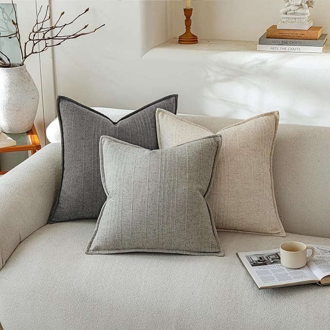 a moment Linen Pillow Covers Set of 2,Boho Farmhouse Throw Pillowcases Neutral Textured Decorative Covers for Couch Sofa,Soft Linen Blend Accent Case Cushion Living Room Home Decor 18"x18"Rustic Gray