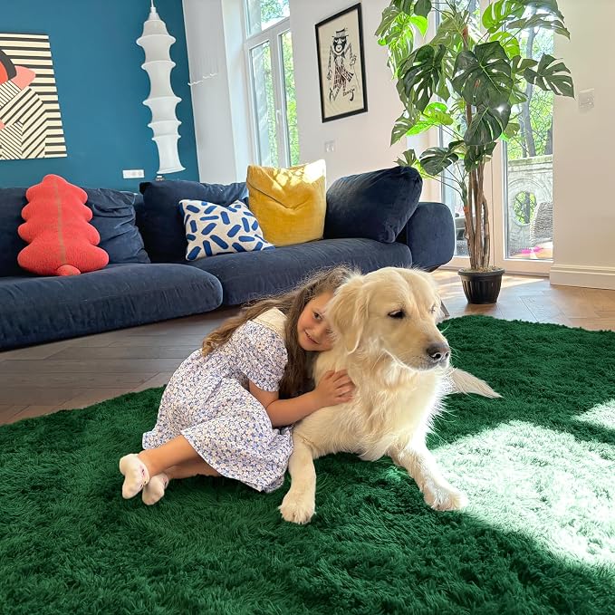 OLANLY 2x6 Machine Washable Runner Rugs for Hallway, Soft Fluffy Shaggy Bedside Rugs for Bedroom, Living Room, Indoor Floor Carpet for Kids Girls Boys, Nursery Rooms, Home Decor Aesthetic, Dark Green