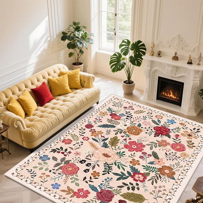 Area Rug for Living Room, 10x12 Large Washable Rugs for Dining Room, Bedroom, Non Slip Stain Resistant Carpet, Low Pile Vintage Floral Rug (Beige Red)