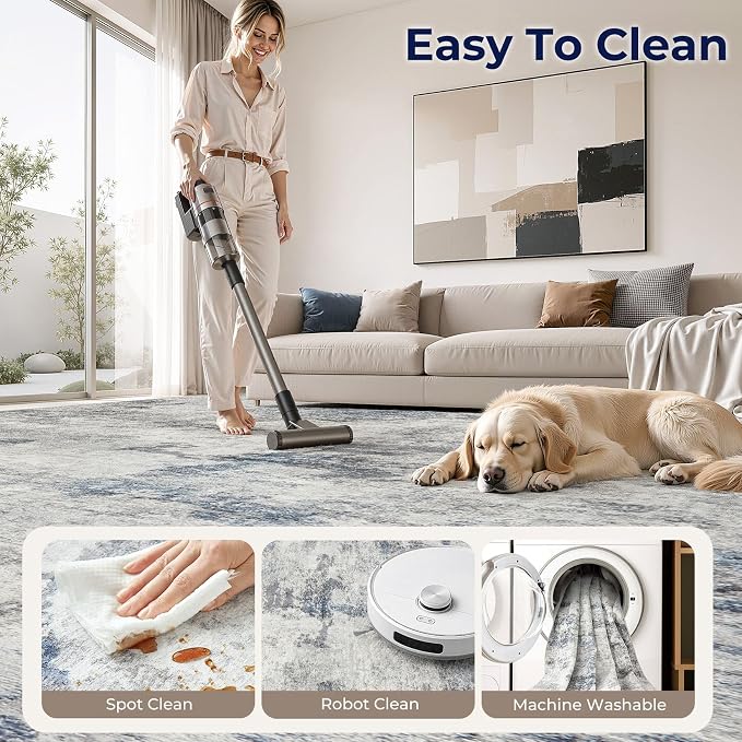 DMOYEST 5x7 Area Rug - Washable & Non Slip Indoor Rug for Living Room, Kid & Pet Friendly Abstract Low Pile Soft Carpet for Bedroom and Dining Room - Grey Blue