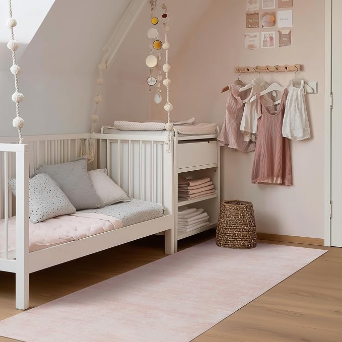 Light Pink Rugs for Bedroom Girls Boho Cute Ombre Low Pile Runner Rug 3x8 | Abstract Modern Blush Carpet, for Hallway Baby Room Laundry, with Soft Foldable Washable, Non Slip Rubber Backing