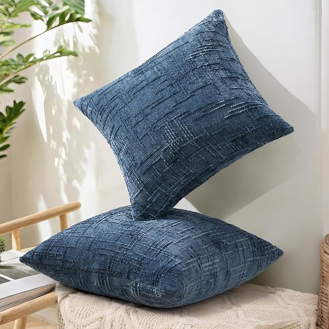 decorUhome Textured Chenille Throw Pillow Covers 18x18 Set of 2 Navy Blue | Fall Modern Farmhouse Soft Cozy Slubby Couch Pillow Cases Boho Decorative Pillow Cases for Bed Sofa Living Room Home Decor