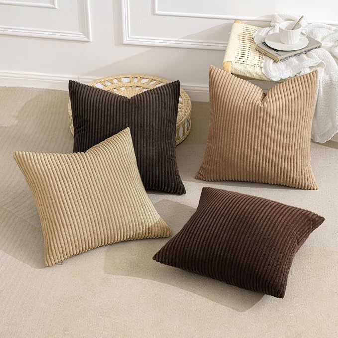 MIULEE Boho Farmhouse Throw Pillow Covers 20x20 Inch Set of 4 Rustic Mordern Neutral Cushion Covers Soft Corduroy Nordic Fall Home Decor for Couch Bed Sofa Living Room Dark Brown